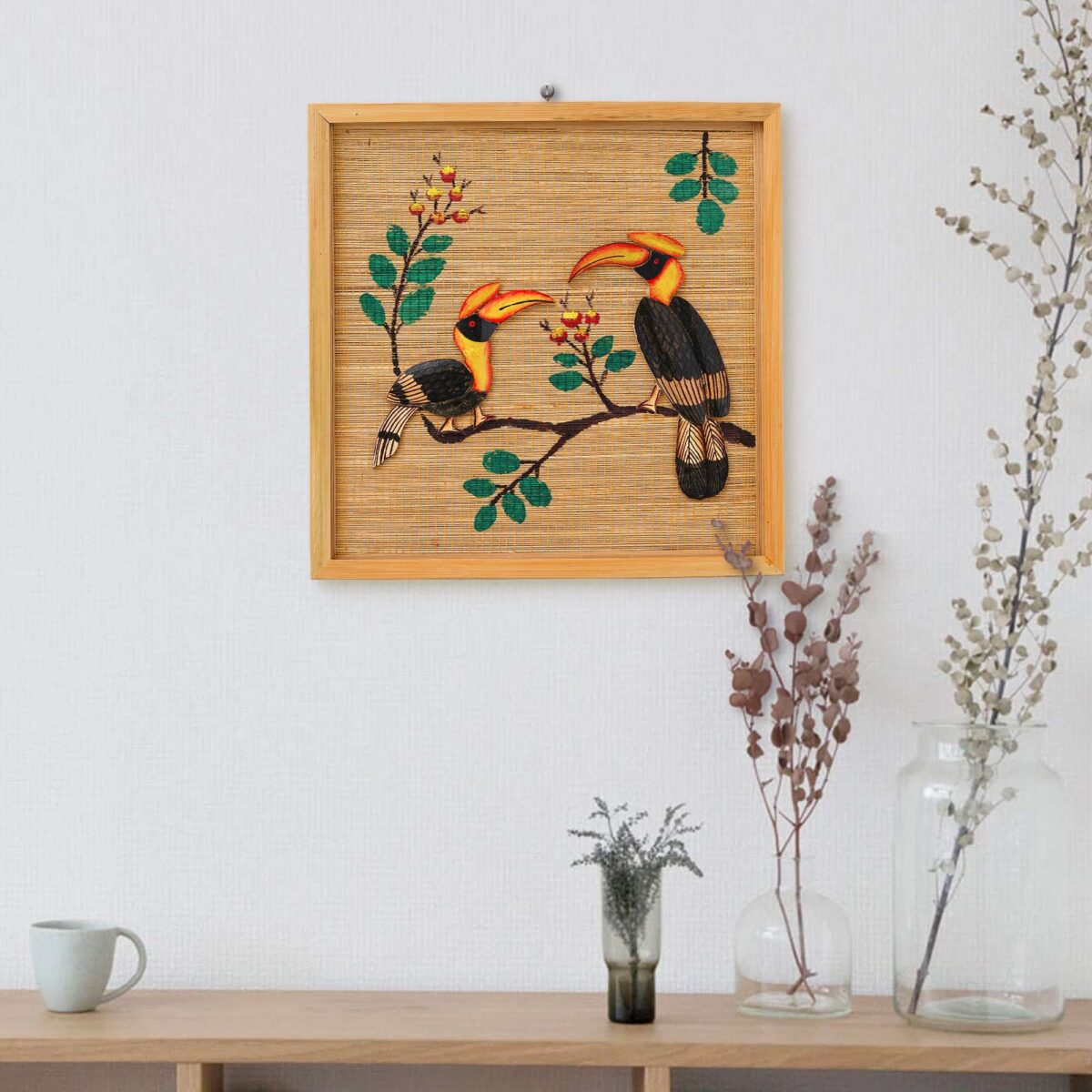 Bamboo Art Couple Hornbill Painting For Home Decor | Bamboo Art Gift For Multiple Occasions