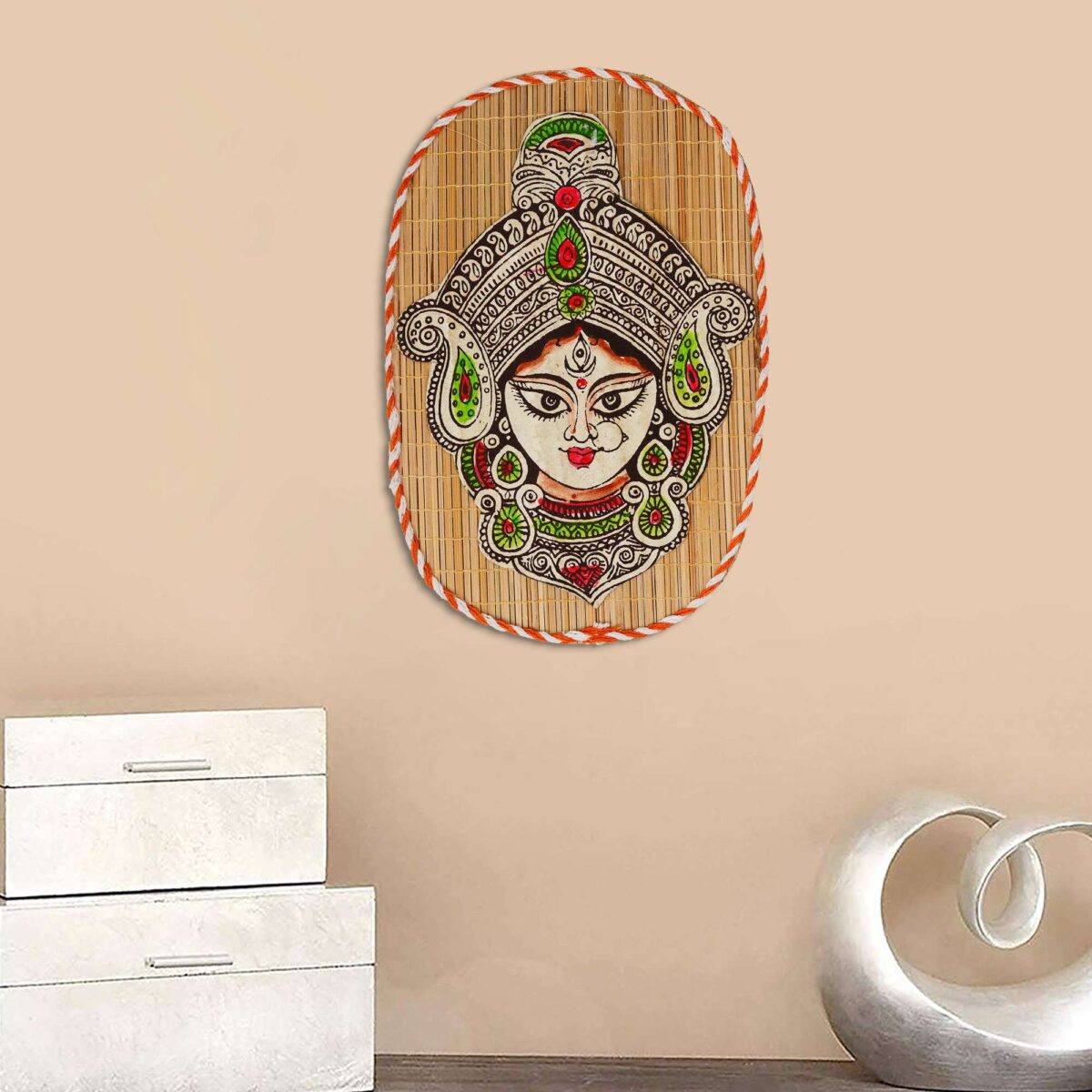 Oval Shaped Design Bamboo Hand Crafted Wall Hangings Durga Ji  For Home Decor | Bamboo Art For Wall Decor - Image 3