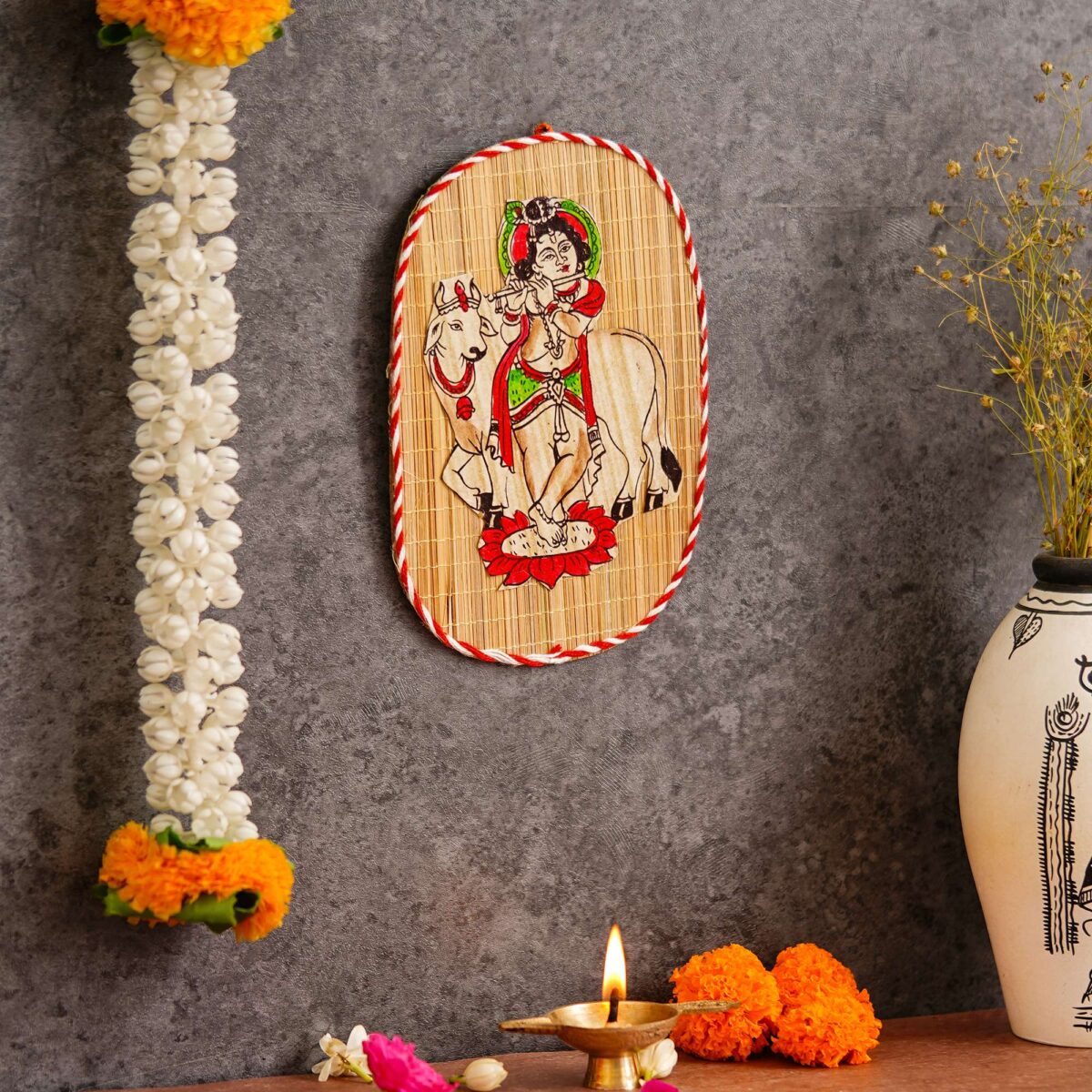 Oval Shaped Design Bamboo Hand Crafted Wall Hangings Of Bal Gopal With Holy Cow For Home Decor | Bamboo Art For Wall Decor